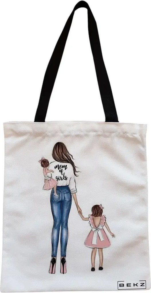 Sacosa de Panza pentru Cumparaturi, Geanta Tote, model Mom of Girls, Cu fermoar, 38x34.5 cm, Alba, BEKZ®