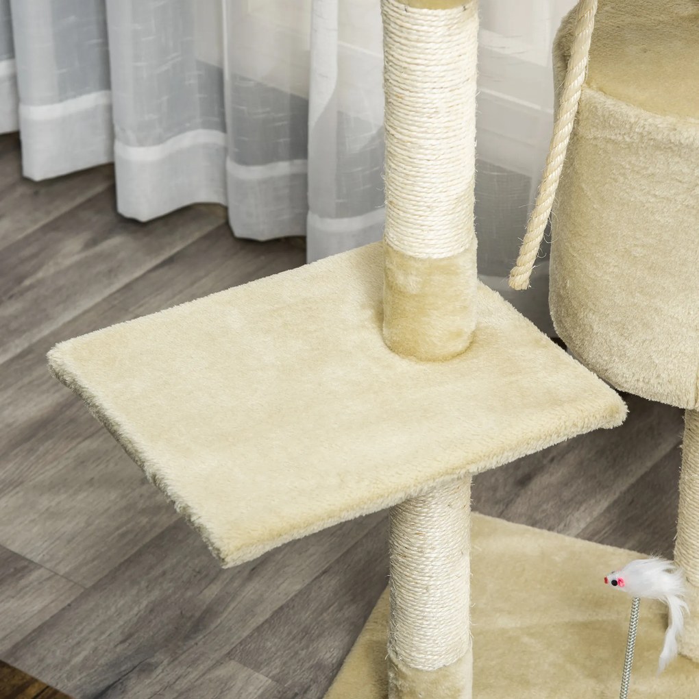 Ansamblu de joaca pentru pisici din MDF acoperit de pluș, stalpi de ascutit unghii si căsuță 75x40x112cm bej PawHut | Aosom Romania
