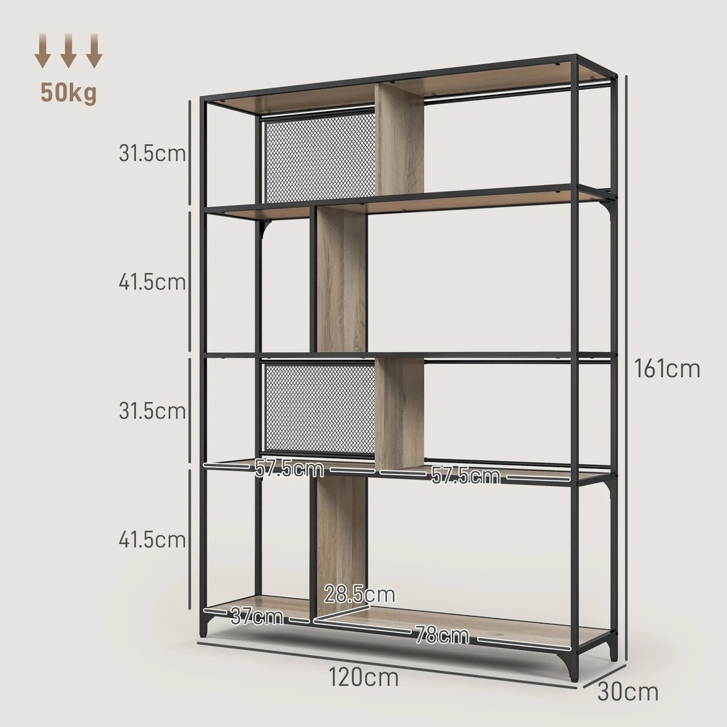 HOMCOM Etajeră Industrială cu 5 Niveluri și 2 Uși Culisante, Raft pentru Cărți din Lemn și Oțel, 120x30x161 cm, Gri | Aosom Romania