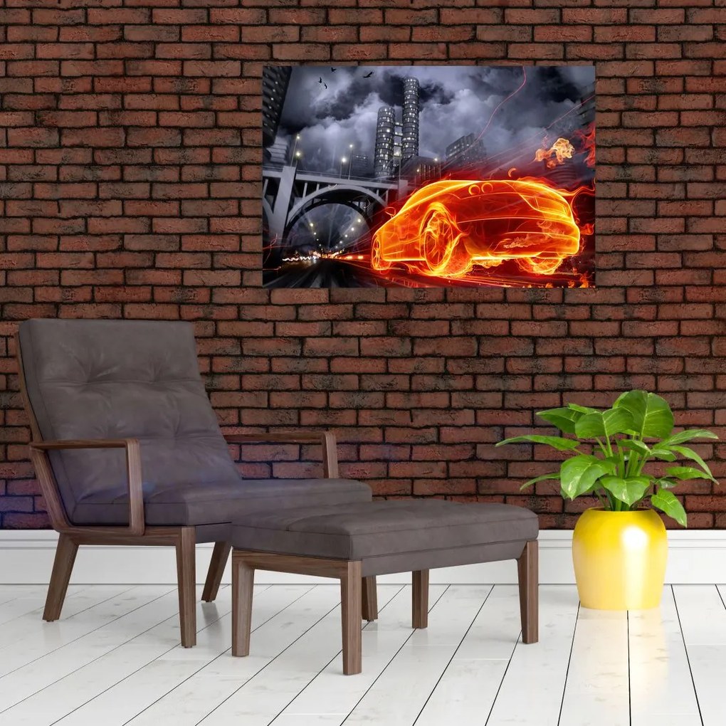 Tablou cu mașina în flăcărată (90x60 cm)