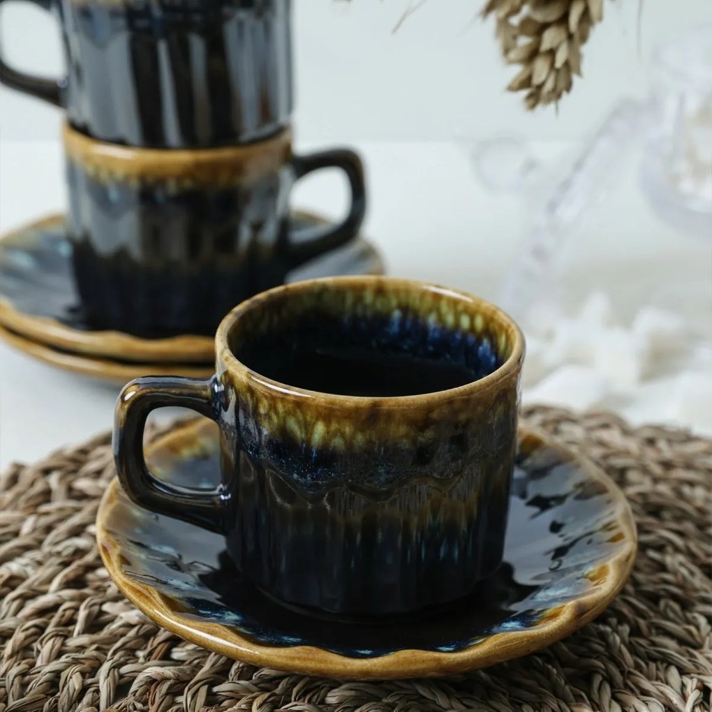 Set de 6 cești din ceramică cu farfurioareElementa 185 ml, albastru închis