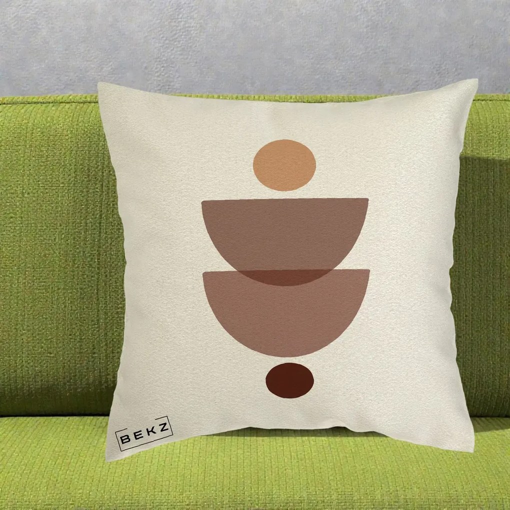 Perna Decorativa Geometric Boho Semicercuri Brun, 40x40 cm, Ecru, Husa Detasabila, Perna Inclusa, BEKZ®