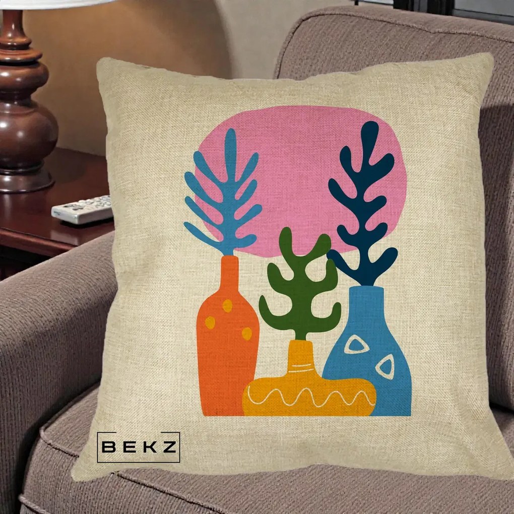 Perna Decorativa Vaze Botanice Abstract, 40x40 cm, Crem, Husa Detasabila, Perna Inclusa, BEKZ®