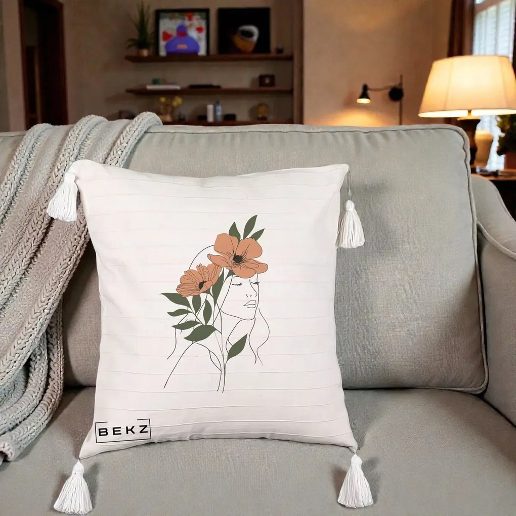 Perna Decorativa Portret Feminin Doua Maci Terracotta, 40x40 cm, Bej cu Franjuri, Husa Detasabila, Perna Inclusa, BEKZ®