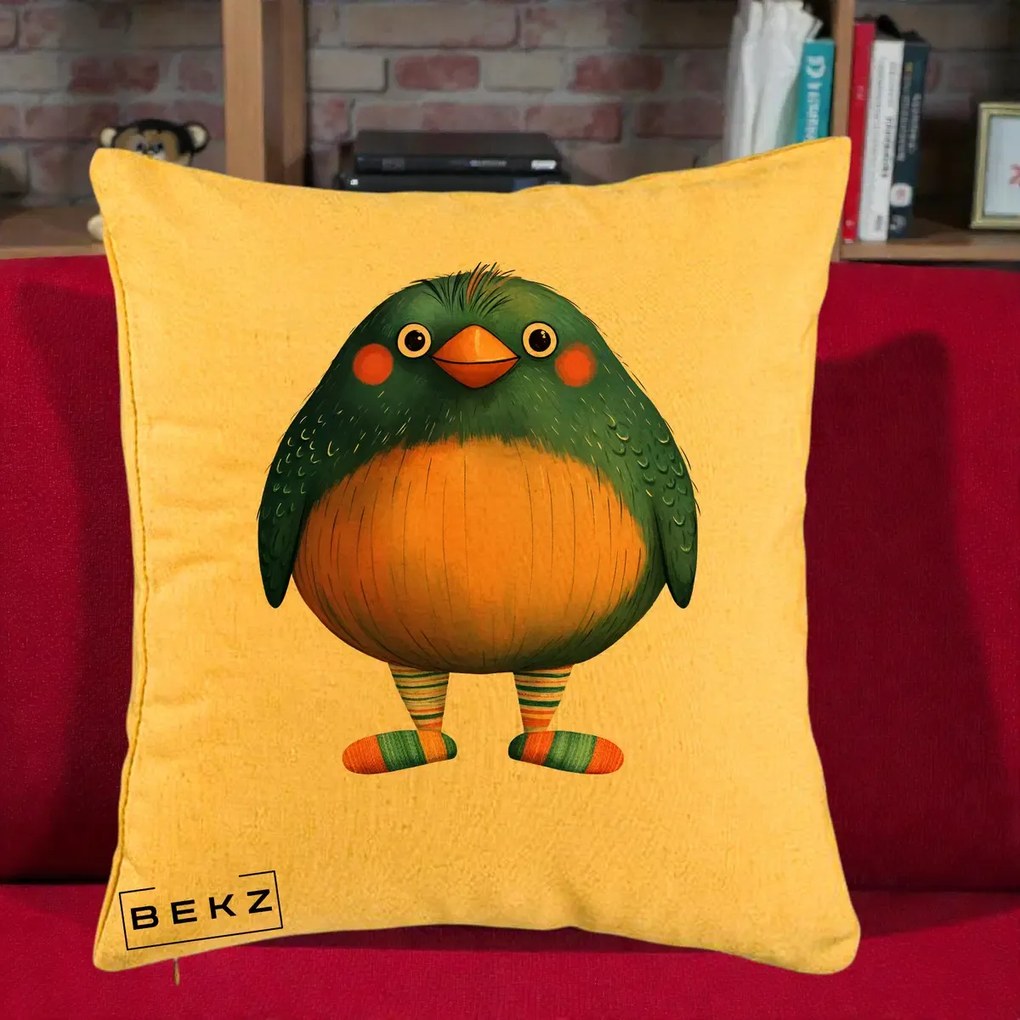 Perna Decorativa Pasare Teal cu Sosete Dunghi, 40x40 cm, Galben, Husa Detasabila, Perna Inclusa, BEKZ®