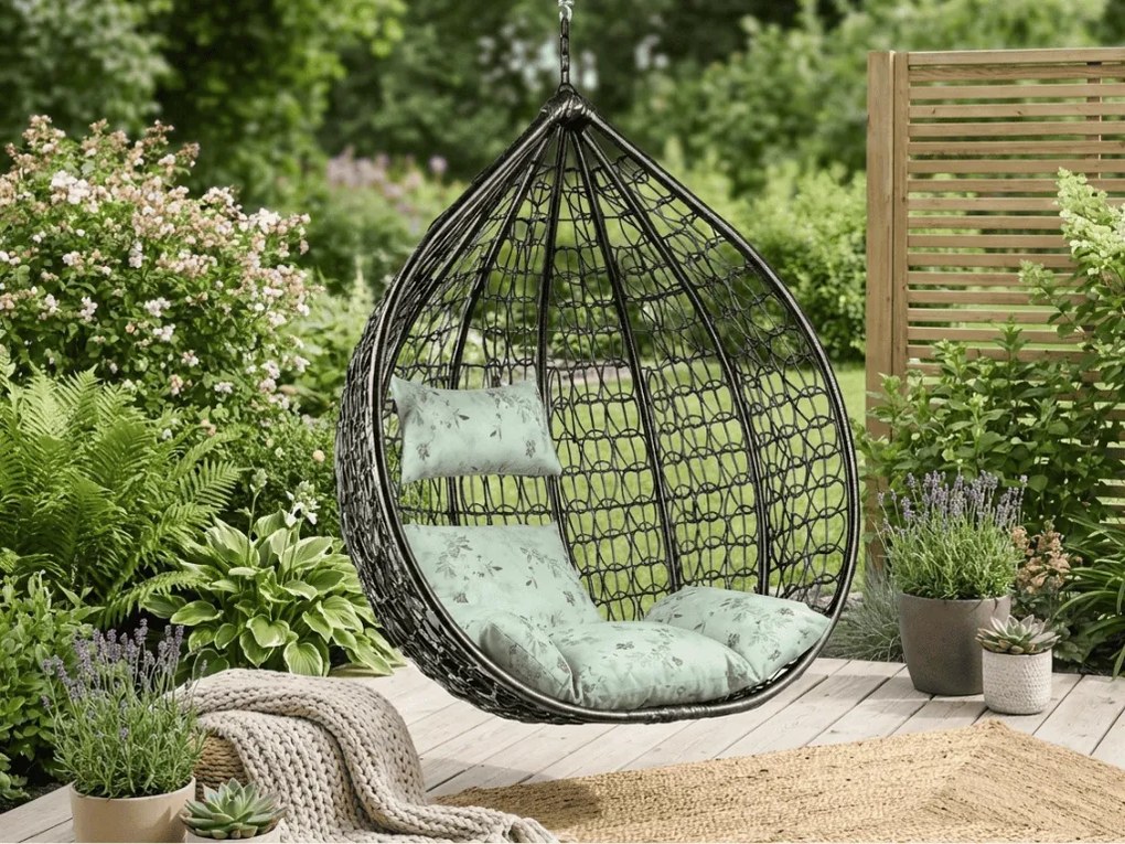 Scaun suspendat negru KOKON fara suport, perna verde deschis cu model