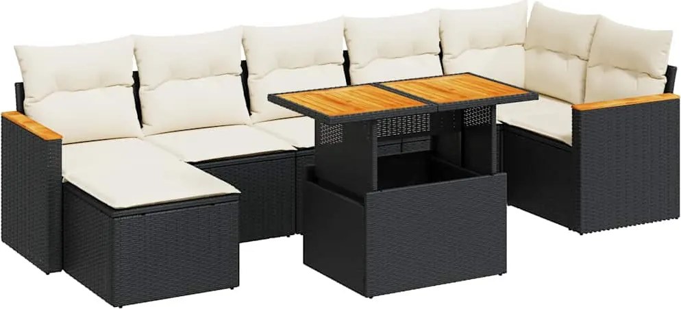 vidaXL Set mobilier grădină perne 8 piese negru, poliratan/lemn acacia