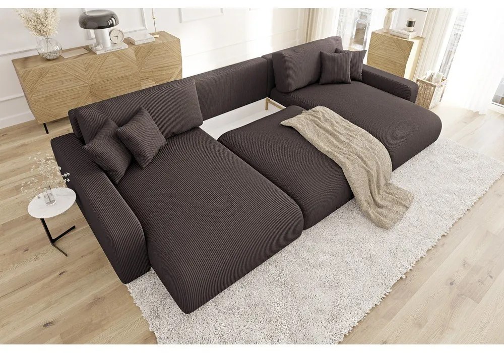 Colțar maro extensibil, cu spațiu de depozitare, cu tapițerie din catifea reiată Sara – Ropez