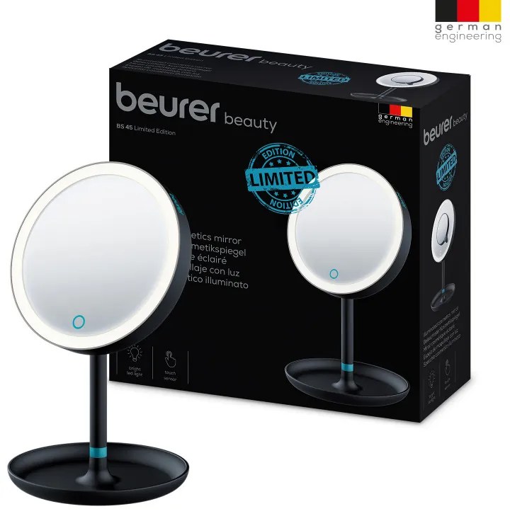 Oglinda cosmetica cu LED Beurer BS 45, 17.5 cm, Normal/Marire 5x, Senzor tactil, Functie intunecare, Negru