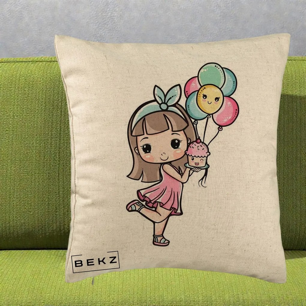 Perna Decorativa Fetita Kawaii cu Baloane si Cupcake, 40x40 cm, Bej, Husa Detasabila, Perna Inclusa, BEKZ®
