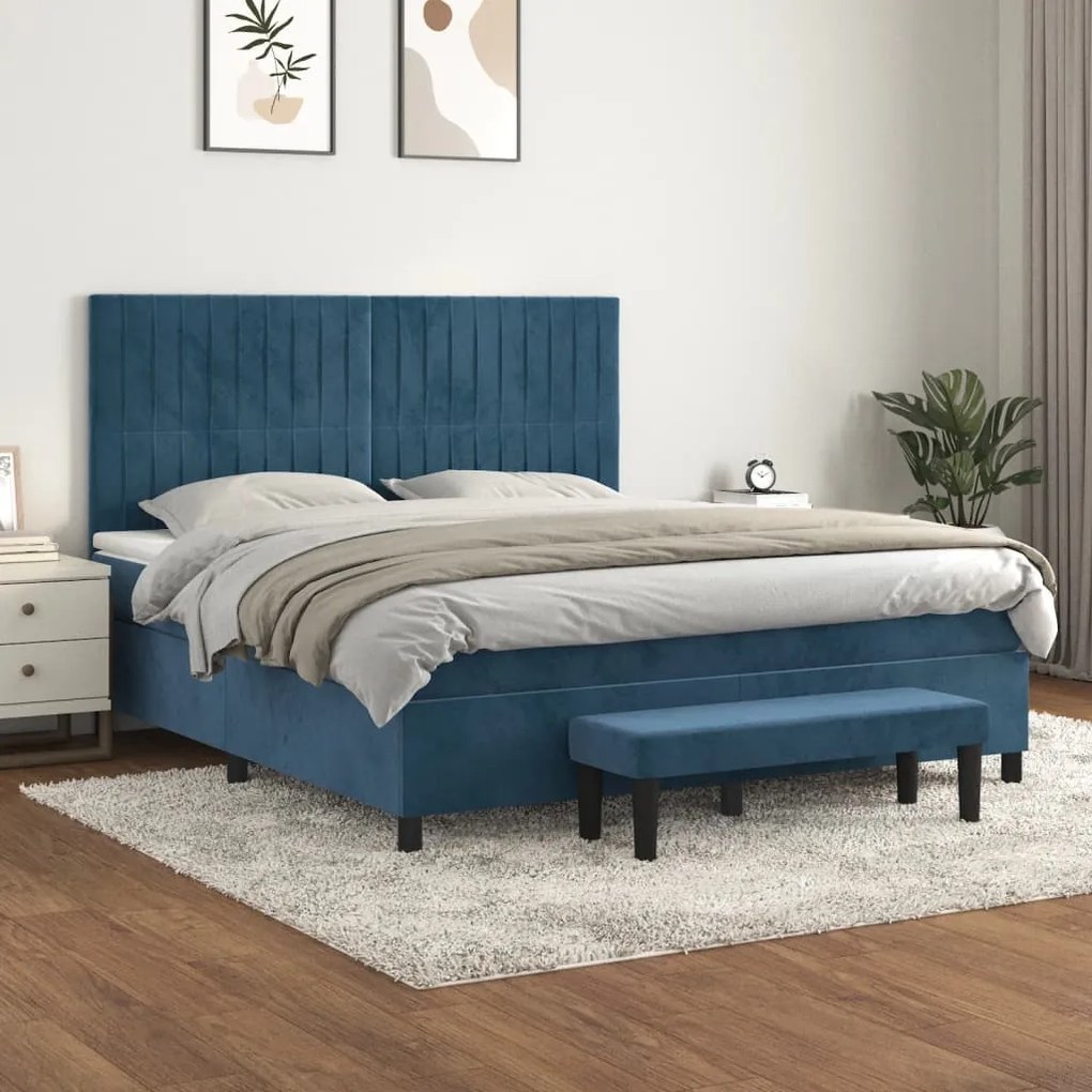 Pat box spring cu saltea, albastru inchis, 180x200 cm, catifea Albastru inchis, 180 x 200 cm, Benzi verticale