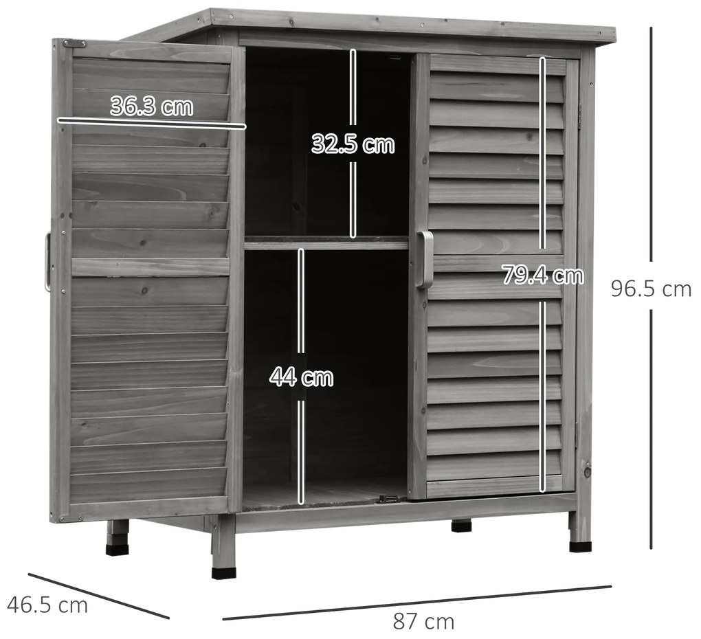 Outsunny Remiză de grădină pentru unelte, pe picioare, cu uși obloane și acoperiș bitum, din brad, 87x46,5x96,5 cm, gri | Aosom Romania
