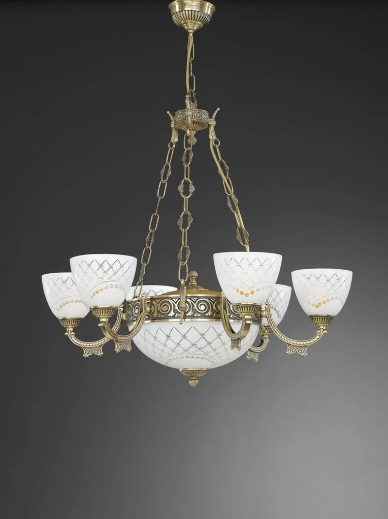 Candelabru cu 6 brate clasic design italian din alama, sticla 7052 RA-L. 7052/6+2