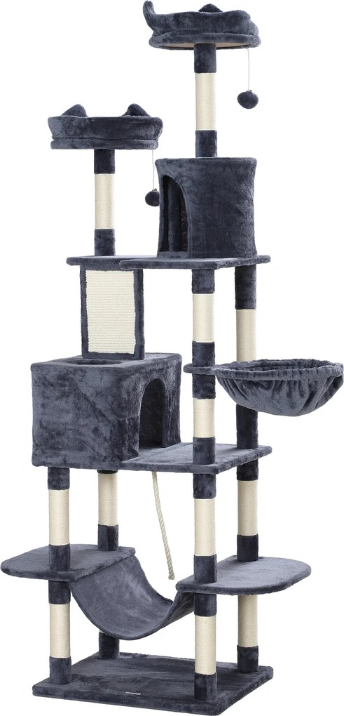 PawHut Ansamblu de Cățărat pentru Pisici, 206 cm, cu Stâlpi din Sisal, Căsuțe și Hamace, Gri Închis | Aosom Romania