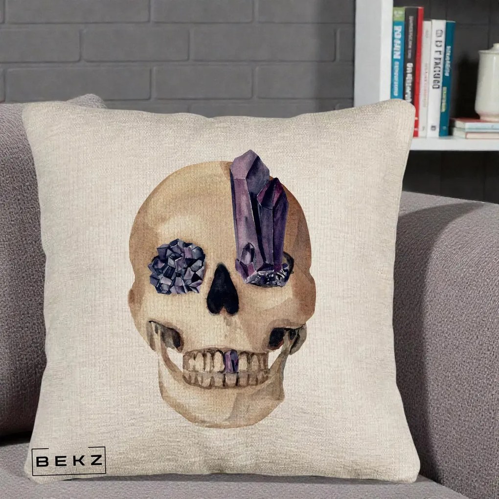 Perna Decorativa Craniu cu Cristale de Ametist, 40x40 cm, Bej Canapea, Husa Detasabila, Perna Inclusa, BEKZ®