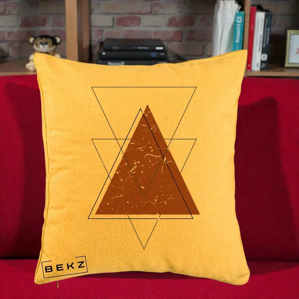Perna Decorativa Geometric Triunghiuri Sacred, 40x40 cm, Galben, Husa Detasabila, Perna Inclusa, BEKZ®