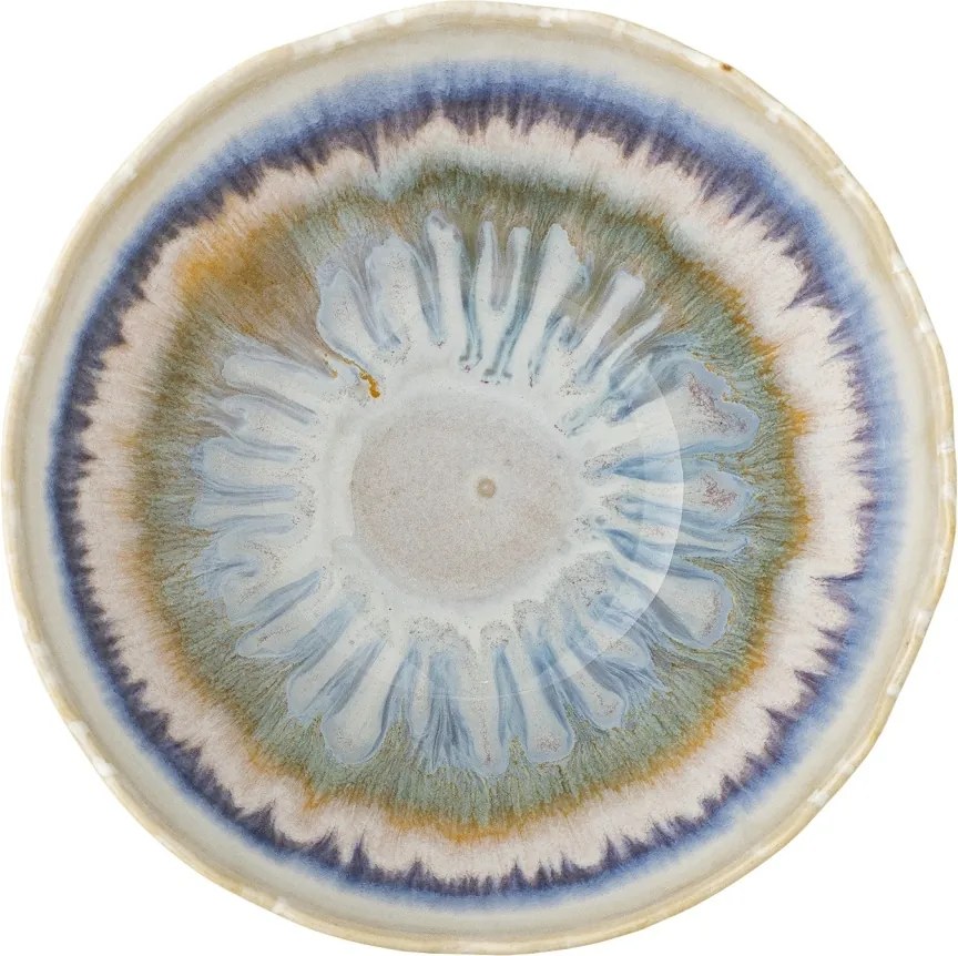 Bol din ceramică, multicolor, model floral radial și benzi în nuanțe de natur, albastru și portocaliu, margine ondulată, 8 x 14,5 cm, „Zeno”