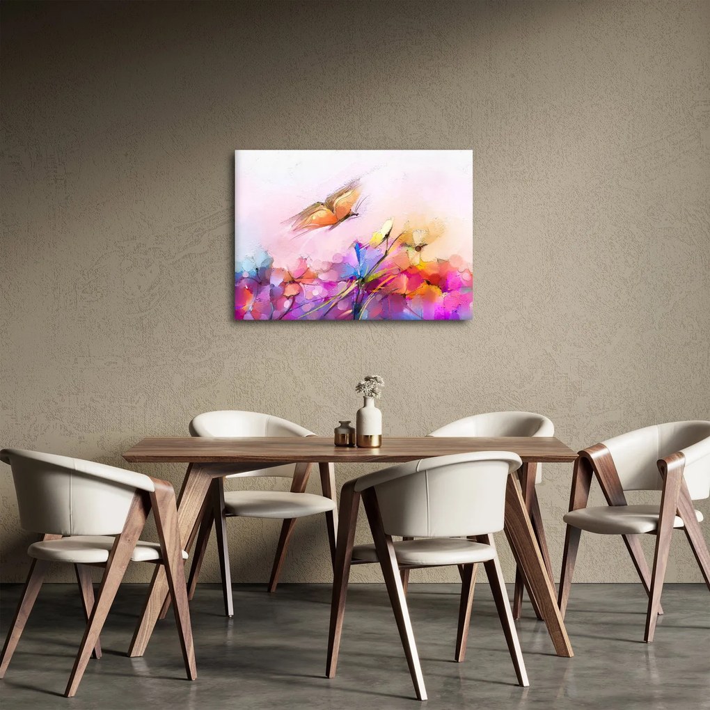 Tablou - Fluture asupra florilor, abstracție (70x50 cm)