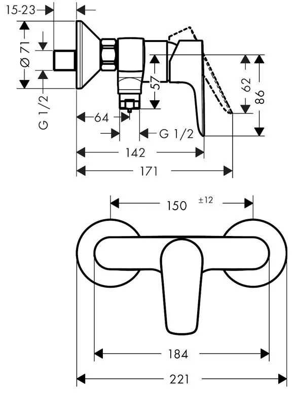 Baterie dus Hansgrohe, Talis E, montaj pe perete, auriu