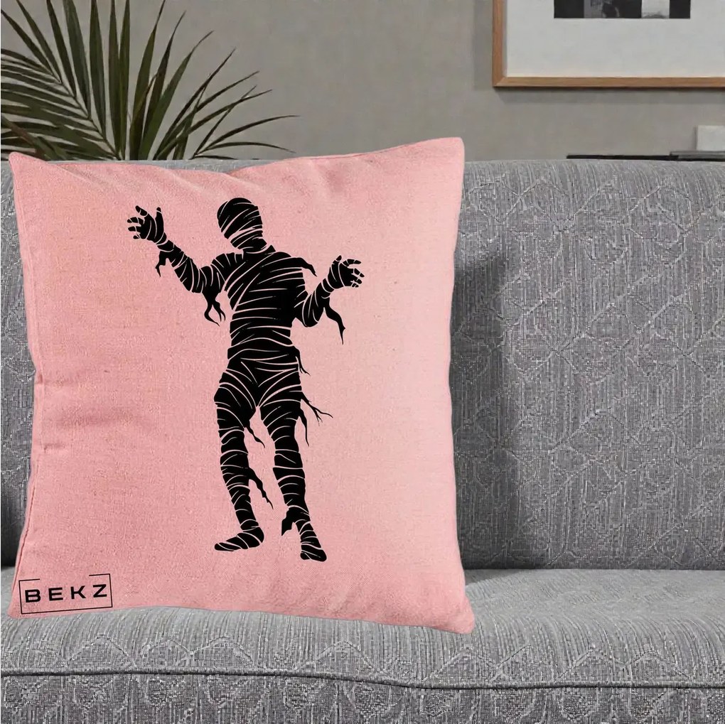 Perna Decorativa Mormii Infricosat Silueta Neagra Halloween, 40x40 cm, Roz, Husa Detasabila, Perna Inclusa, BEKZ®