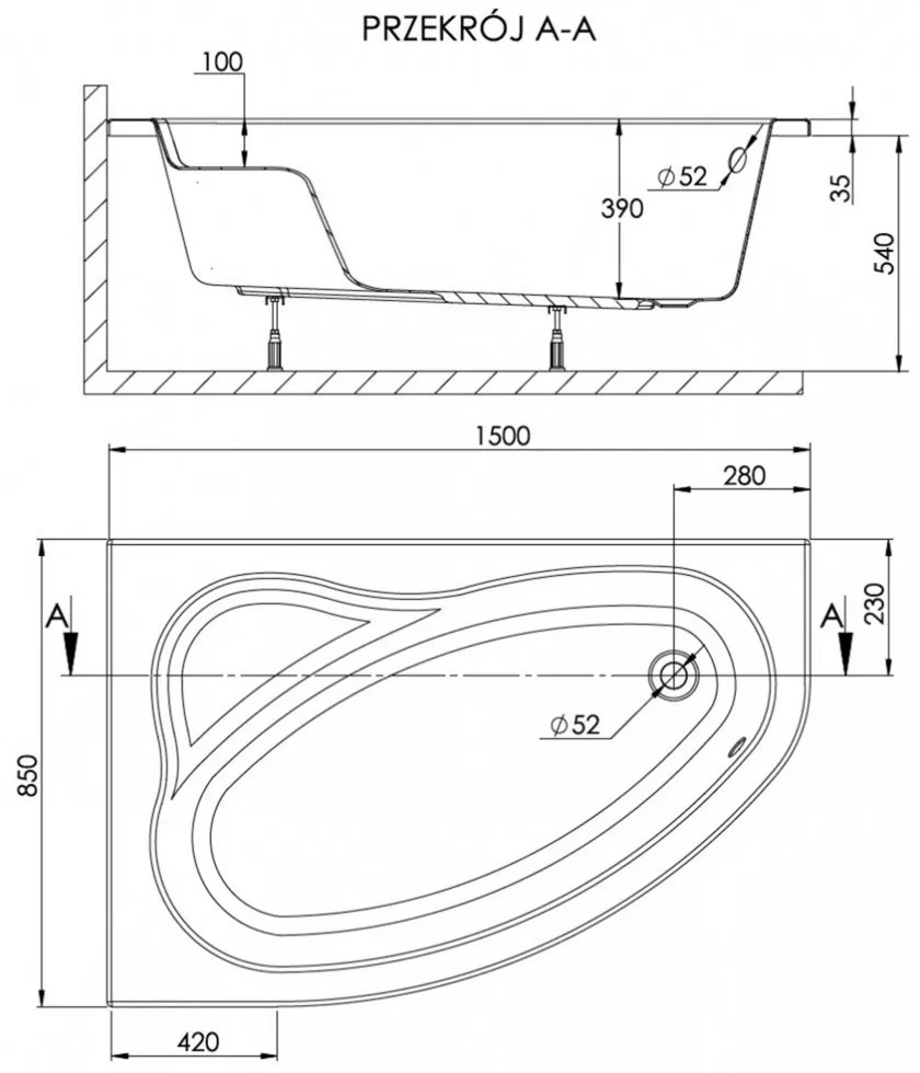 Cadă SIMPLA 85x150 asimetrică stânga