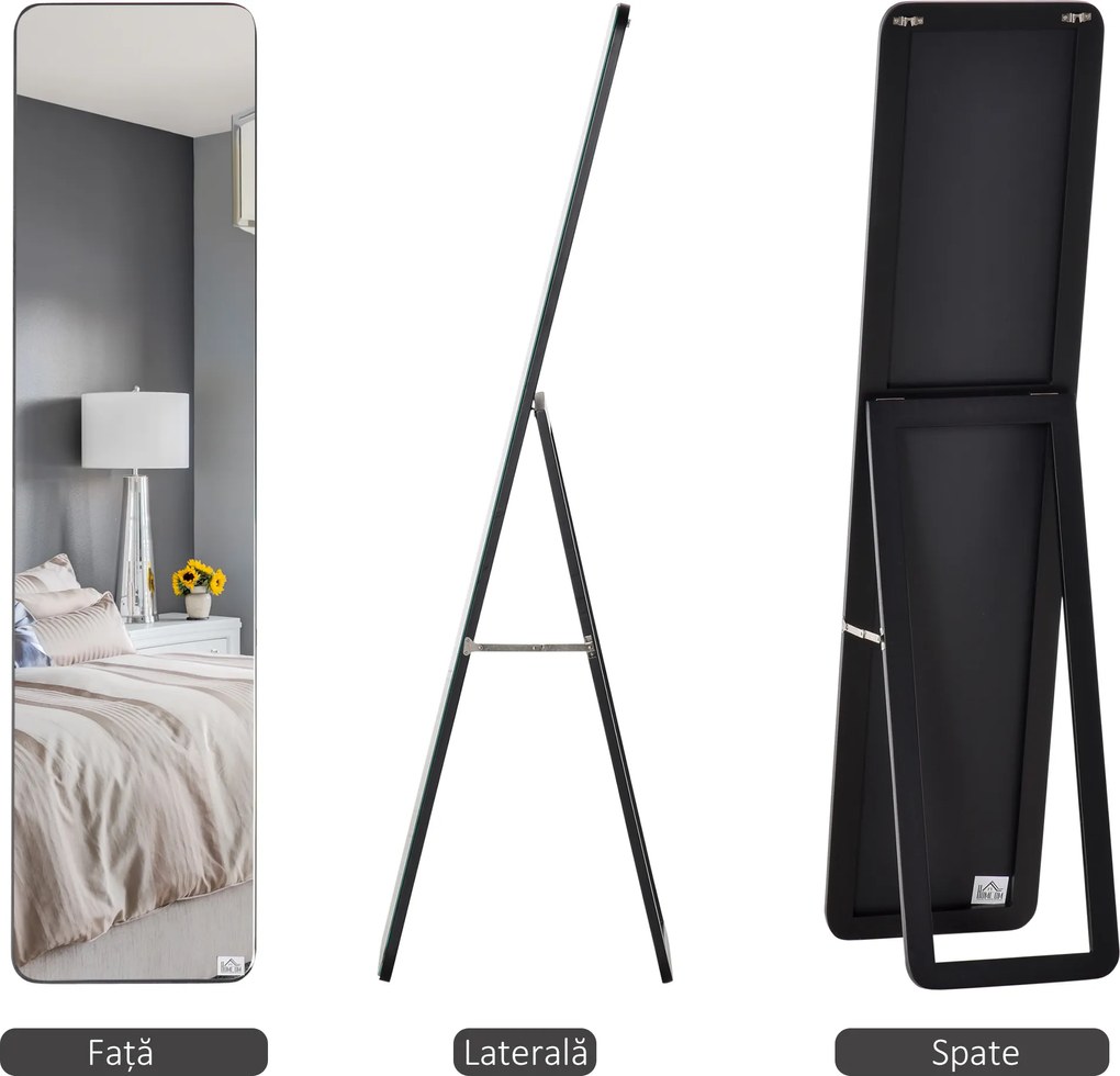 HOMCOM Oglindă de Podea sau Perete cu Cadru din Lemn, Oglindă cu Suport, Pliabil cu Balama, 37x43x156 cm, Nuc | Aosom Romania