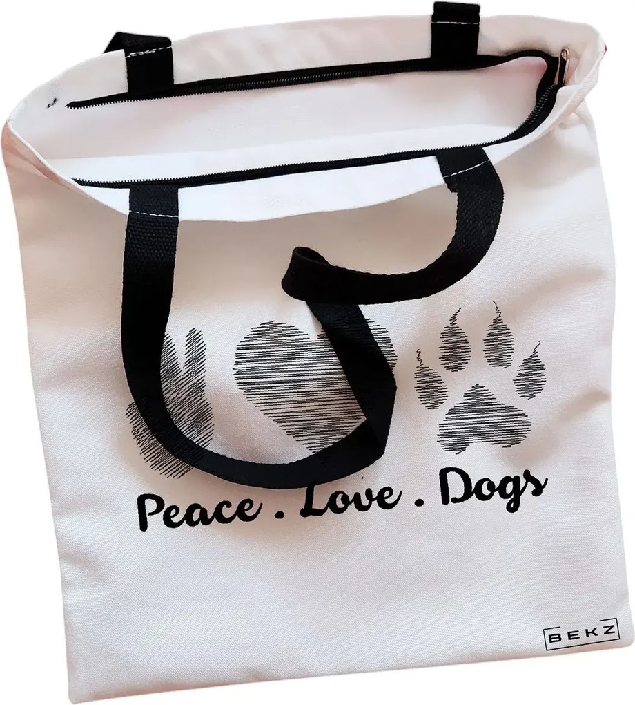 Sacosa de Panza pentru Cumparaturi, Geanta Tote, model Peace Love Dogs, Cu fermoar, 38x34.5 cm, Alba, BEKZ®