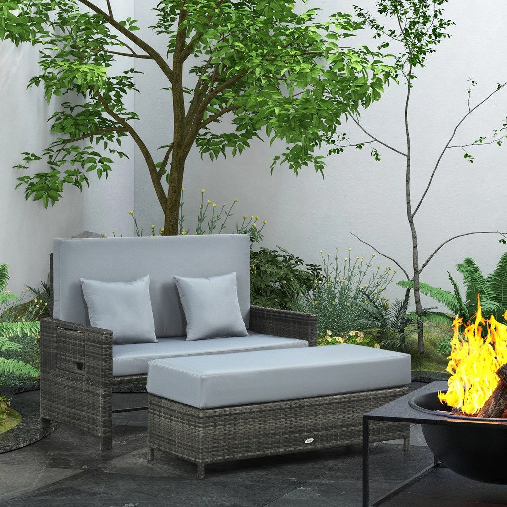 Outsunny Canapea de grădină cu funcție de șezlong, taburet extensibil cu spațiu de depozitare, perne pentru șezut, gri, 130 x 72 x 96 cm | Aosom Romania