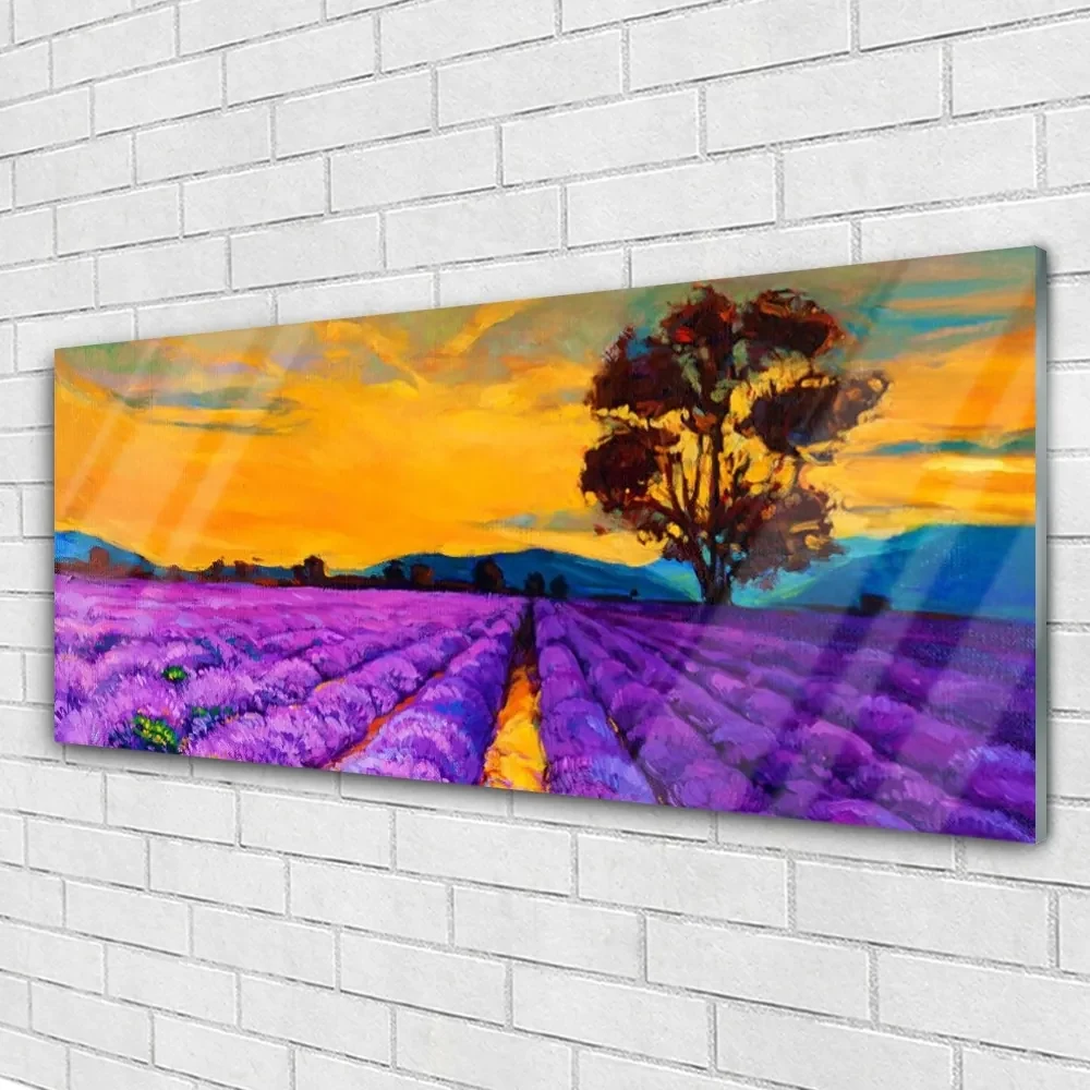 Tablou pe sticla Câmp Peisaj Violet Galben Maro