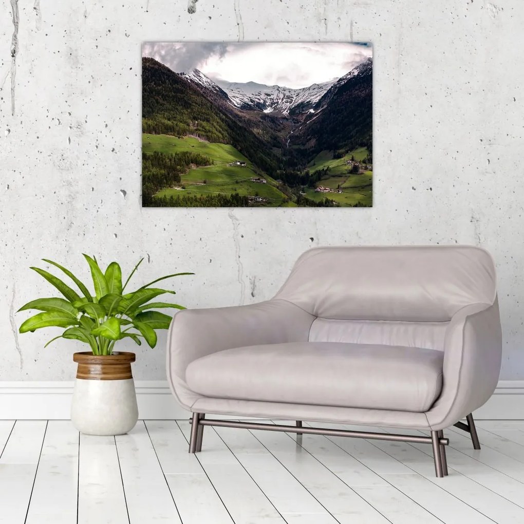 Tablou pe sticlă - Valea la poalele munților (70x50 cm)
