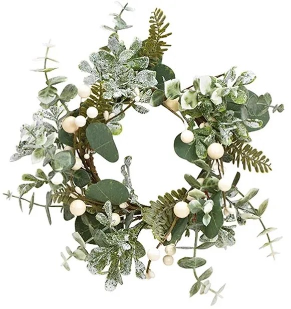 Coronita decorativa White Christmas, verde cu bobițe albe, 22 cm