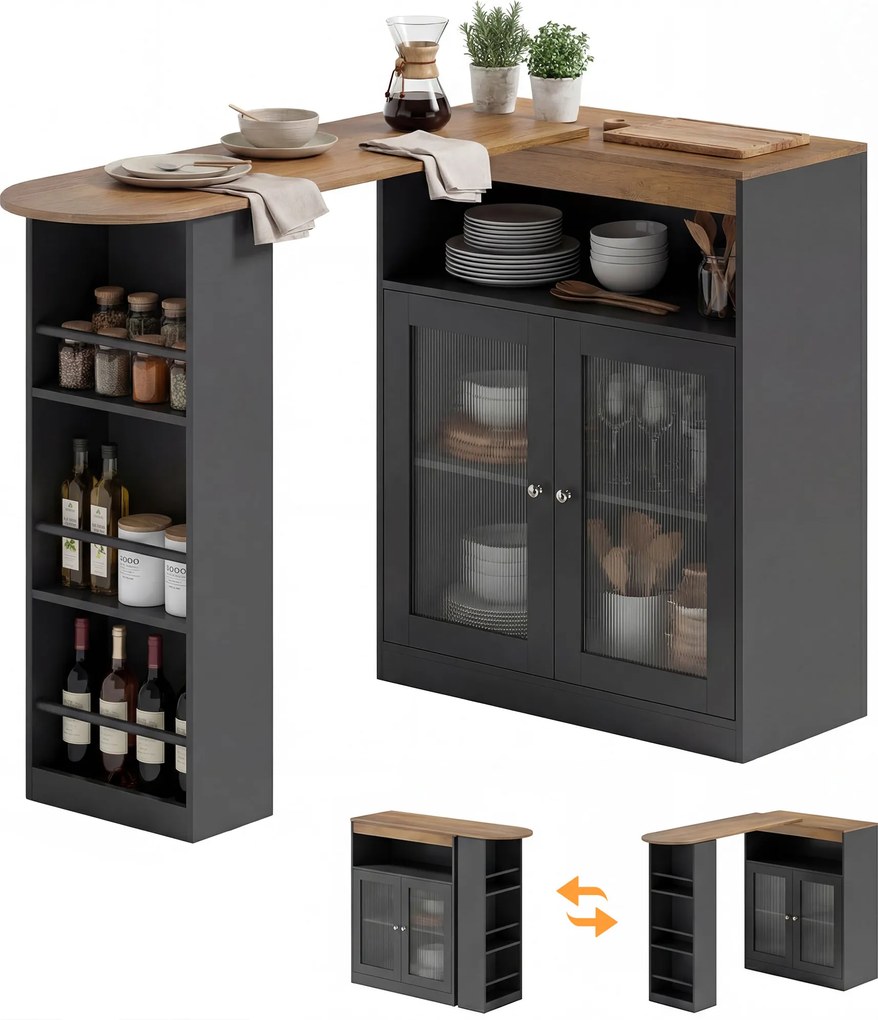 HOMCOM Masă de Bar Extensibilă și Rotativă 90° cu Rafturi Deschise și 2 Uși din Sticlă 150x80x105,5 cm Negru și Natural | Aosom Romania