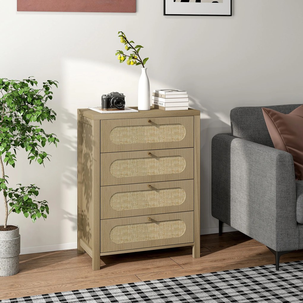 HOMCOM Comodă 4 sertare mobilier de depozitare stil boemian cu uși din răchită, 70 x 38 x 93 cm, efect lemn natural | Aosom Romania