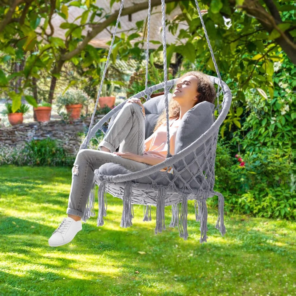 Scaun suspendat BOHO cu perne, Ø61cm, gri deschis Detex