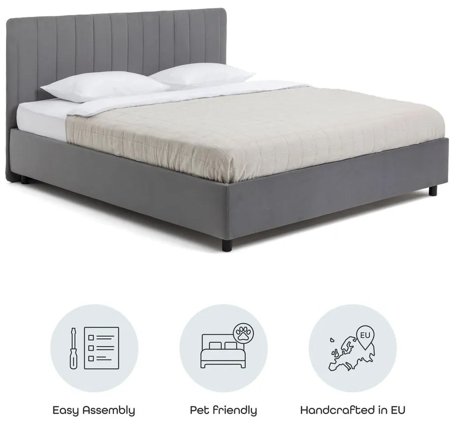 Pat matrimonial gri tapițat cu spațiu de depozitare cu somieră 160x200 cm Myra Slim Line – Bonami Selection