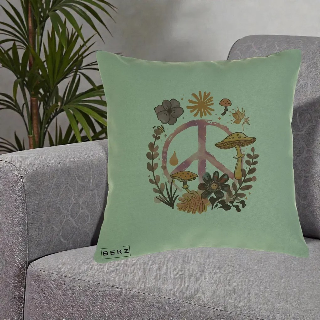 Perna Decorativa Peace Ciuperci Boho, 40x40 cm, Verde, Husa Detasabila, Perna Inclusa, BEKZ®