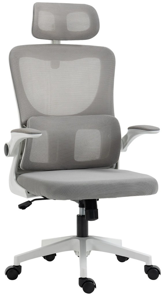 Vinsetto Scaun Ergonomic de Birou, Tetieră Reglabilă, Suport Lombar, 70x66x120-128 cm, Gri | Aosom Romania