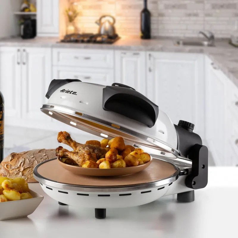 Cuptor electric pentru pizza Ariete "Pizza in 4 minute" 0918/00, 1200W, 32 cm, Pana la 400°C, 5 trepte, Placa de piatra, Acoperire antiaderenta, Alb