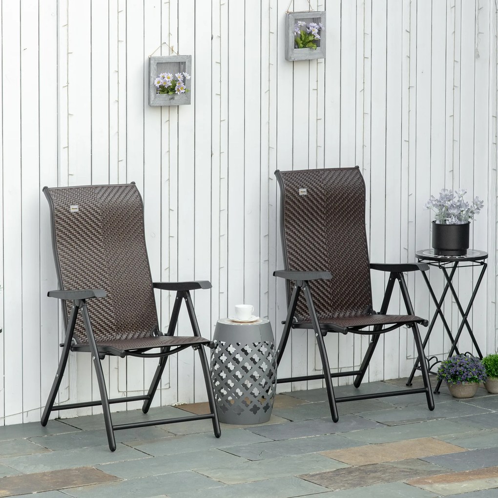 Outsunny Set Mobilier de Grădină 2 Scaune Pliabile din Ratan și Oțel cu Spătar Reglabil pentru Terasă, Balcon, 71x58x111 cm, Negru | Aosom Romania