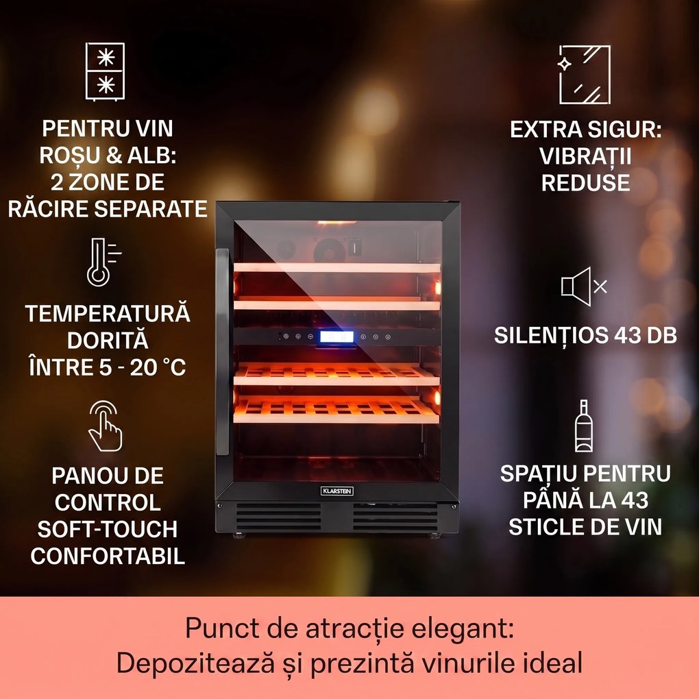 Klarstein Vinovilla  Onyx 43, frigider pentru vin cu două zone, 129 l, 43 de sticle, 3 culori