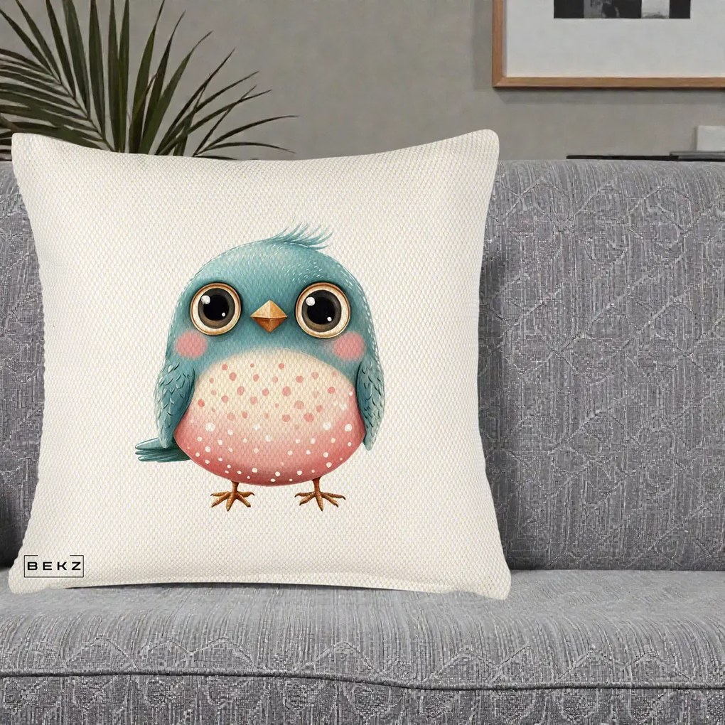 Perna Decorativa Pasare Teal-Roz cu Pete, 40x40 cm, Crem Reliefat, Husa Detasabila, Perna Inclusa, BEKZ®