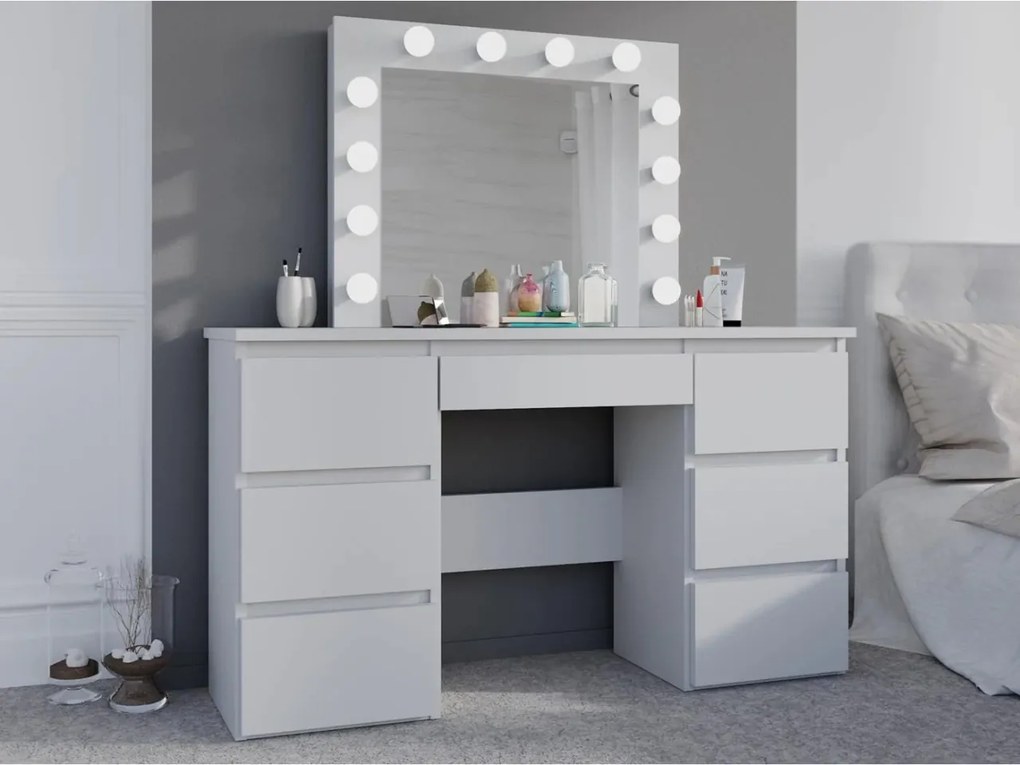 Masuta machiaj cu Oglinda LED si 7 Sertare pentru Cosmetice, Set Masa toaleta 120 cm, Alb, masuta cosmetica, vanity - SEA516