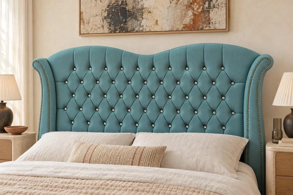 Pat tapițat Chesterfield Avella 140×200 cm, verde marin, cu ladă de depozitare