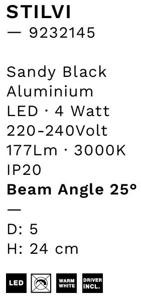 Spot LED incastrabil design tubular STILVI negru, H-24cm