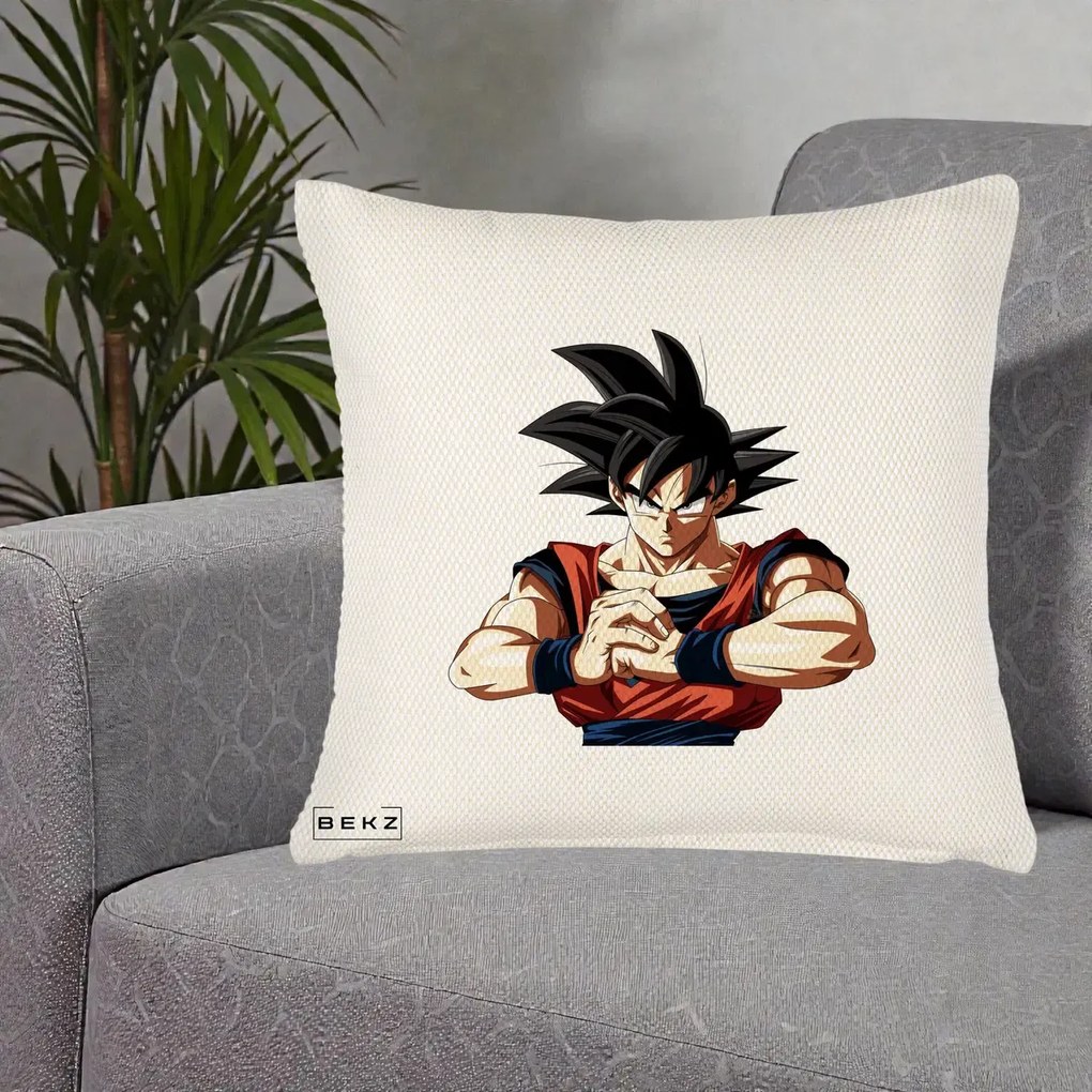 Perna Personalizata Dragon Ball Goku Portret Serios, 40x40 cm, Crem Reliefat, Husa Detasabila, Perna Inclusa, BEKZ®