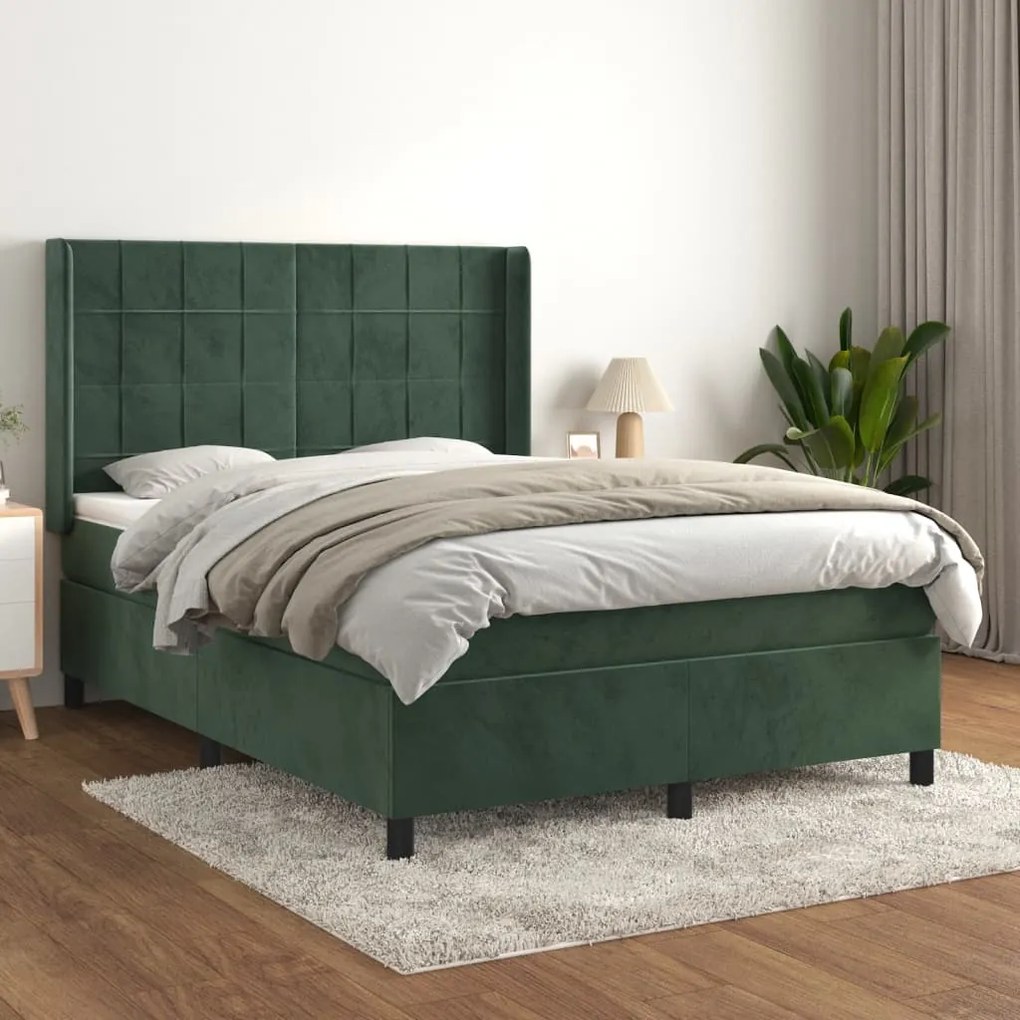 3132684 vidaXL Pat box spring cu saltea, verde închis, 140x200 cm, catifea