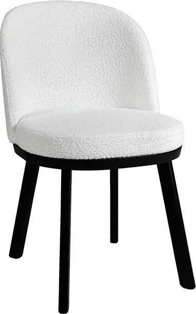 Scaun dining tapițat shabby chic din stofă bouclé și lemn de fag, alb, cu spătar rotunjit învelitor și picioare negre, 80 x 49 x 55 cm, „Amelie”