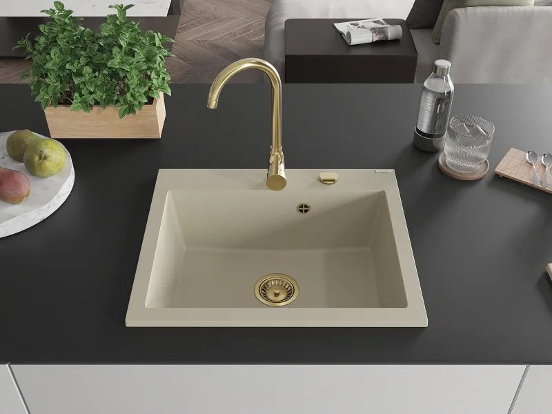 Mexen Elix chiuvetă din granit cu 1 compartiment 600 x 500 mm, bej, sifon auriu - 6525601005-69-G