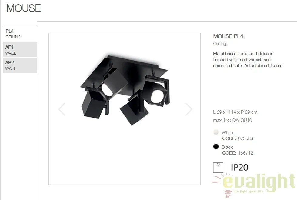 Plafoniera design modern cu 4 spoturi directionabile MOUSE PL4 neagra 156712