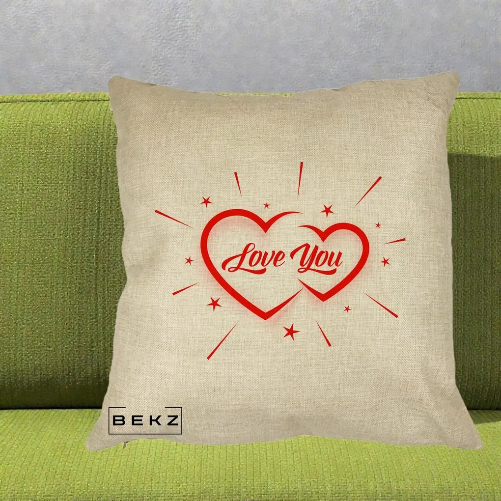 Cadou Romantic - Perna Personalizata Love You Doua Inimi, 40x40 cm, Crem, Husa Detasabila, Perna Inclusa, BEKZ®